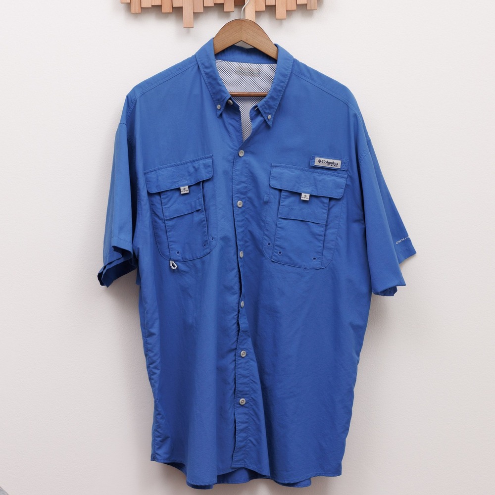 Columbia PFG Bahama II Fishing Shirt Blue Short Sleeve Mens XL UPF 30 Vented